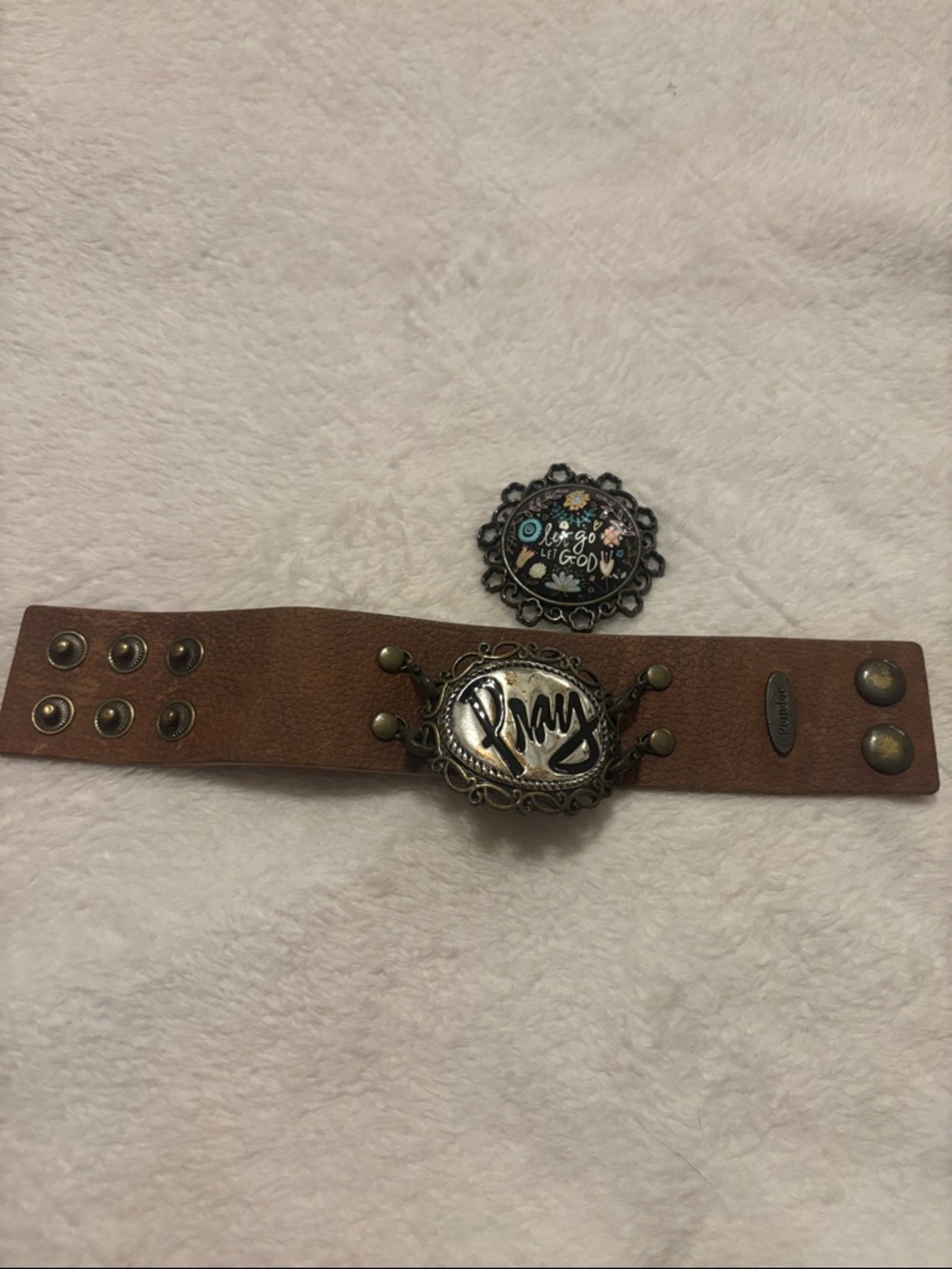 Plunder Brown Faux Leather Cuff Bracelet with Antique Brass 'Pray' Medallion